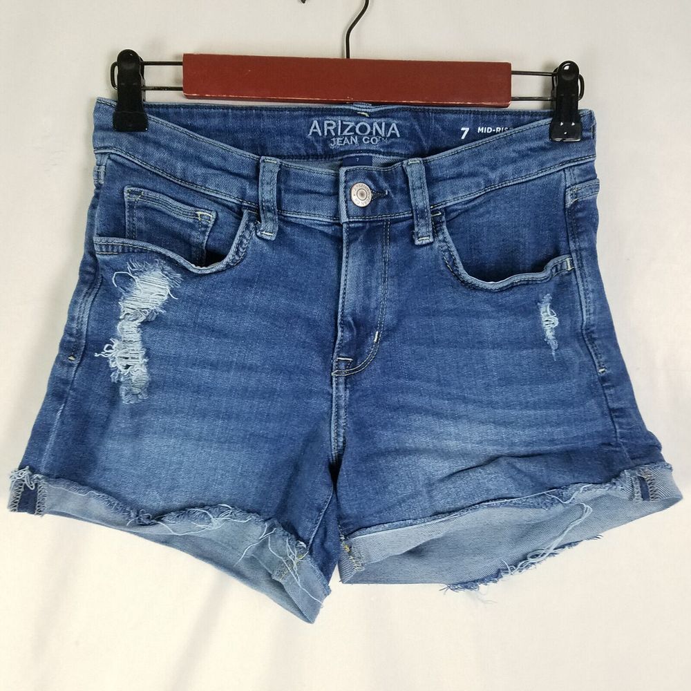 Arizona Denim Shorts Juniors 7 Blue Jean Mid Rise Womens Distressed Medium Wash
